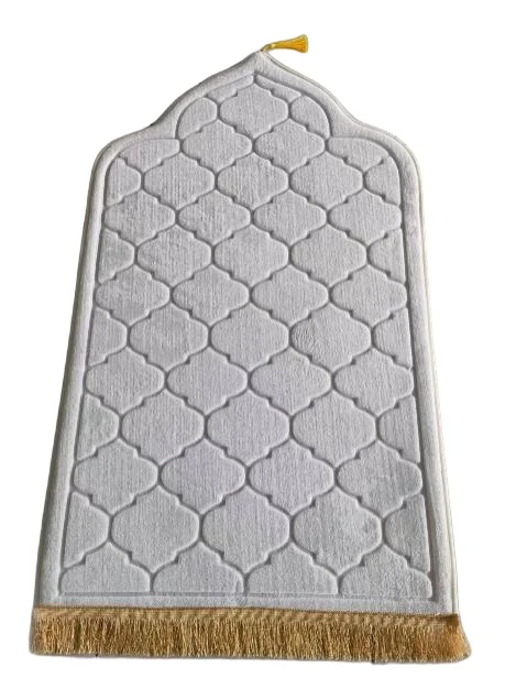 Light grey plush Muslim prayer rug with quatrefoil pattern and gold tassel - Zainyunoor wholesale
