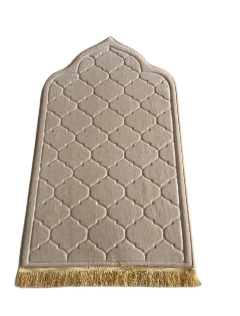 Beige soft Muslim prayer rug with Moroccan trellis embossed design - Zainyunoor wholesale