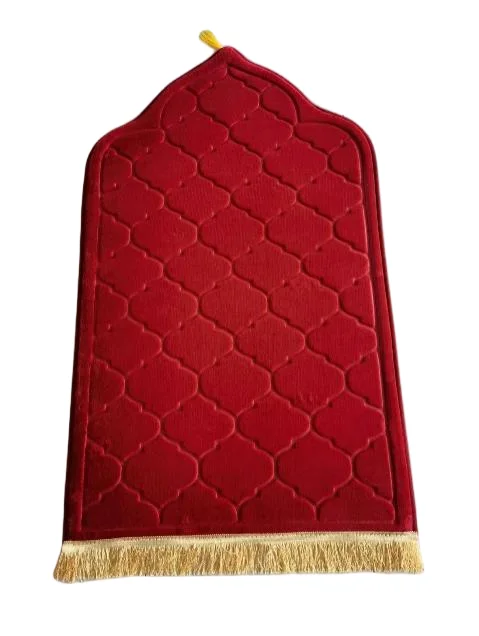 Red velvet Muslim prayer rug with quilted geometric design and gold tassels - Zainyunoor wholesale