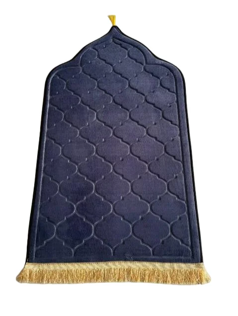 Navy blue velvet Muslim prayer rug with embossed quatrefoil pattern and gold fringe - Zainyunoor wholesale