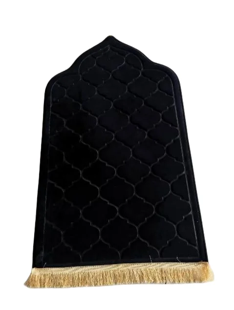 Black velvet Muslim prayer rug with arabesque quilted texture and golden tassels - Zainyunoor wholesale