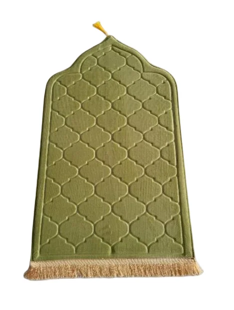 Sage green velvet Muslim prayer rug with moroccan trellis pattern and tassel fringe - Zainyunoor wholesale