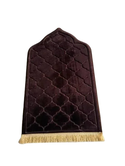 Burgundy velvet Muslim prayer rug with embossed lattice design and gold tassels - Zainyunoor wholesale
