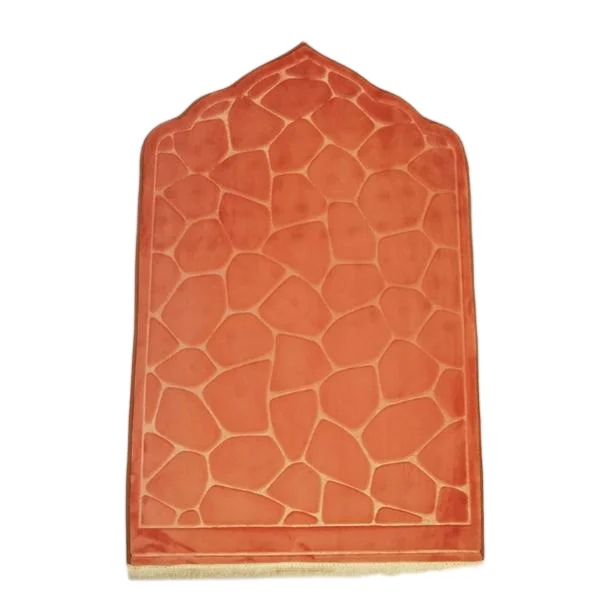 Orange velvet Muslim prayer rug with embossed stone design and gold fringe - Zainyunoor wholesale