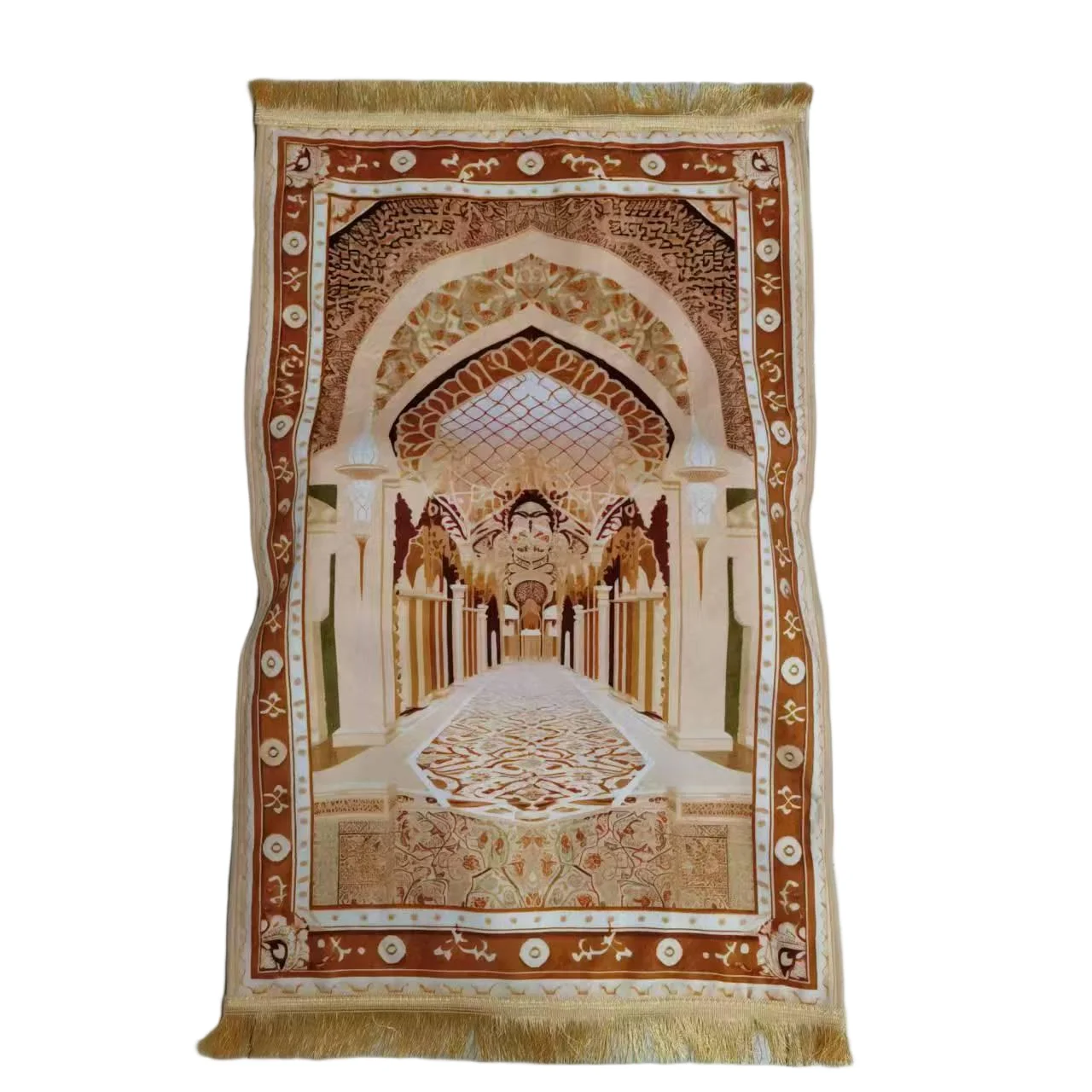 Beige gold chenille Muslim prayer rug with printed mosque archway and tassels - Zainyunoor wholesale