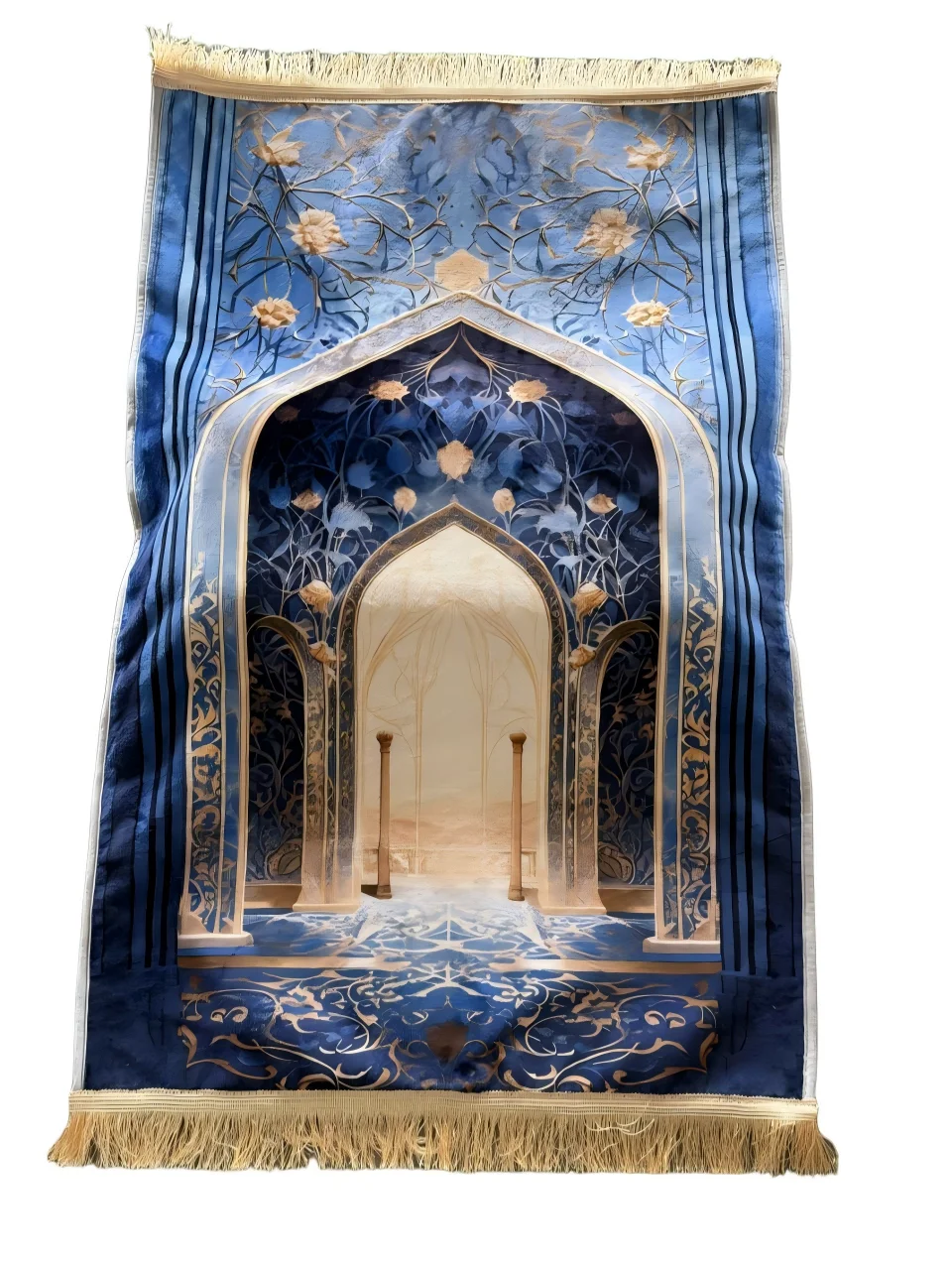 Blue gold velvet Muslim prayer rug with printed mosque arch floral design - Zainyunoor wholesale