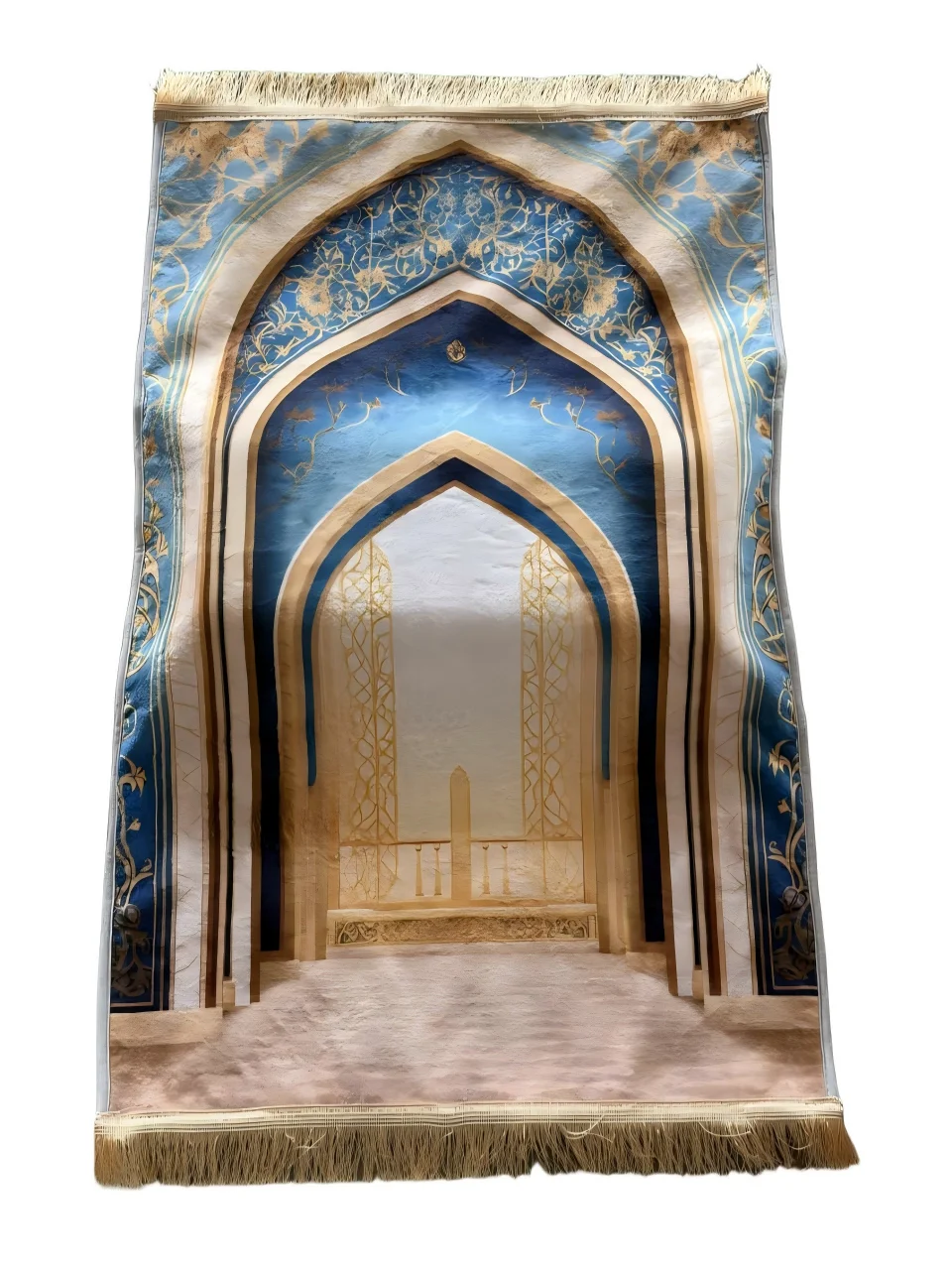 Blue gold velvet Muslim prayer rug with mihrab archway design - Zainyunoor wholesale