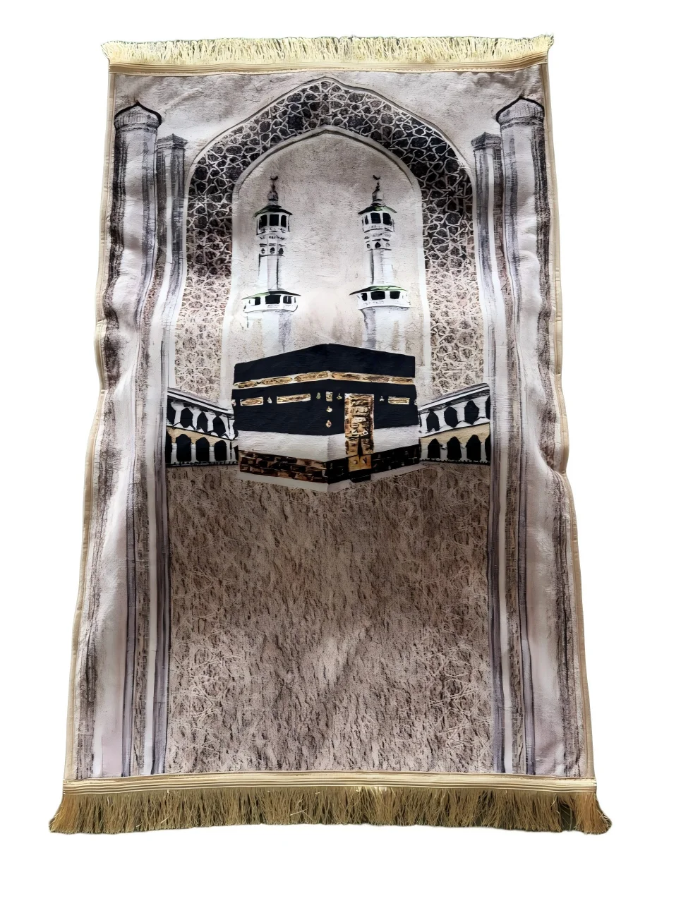 Beige velvet Muslim prayer rug with Kaaba Mecca print - Zainyunoor wholesale