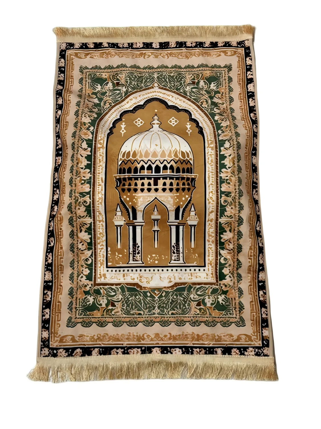 Green gold chenille Muslim prayer rug with mosque dome motif - Zainyunoor wholesale