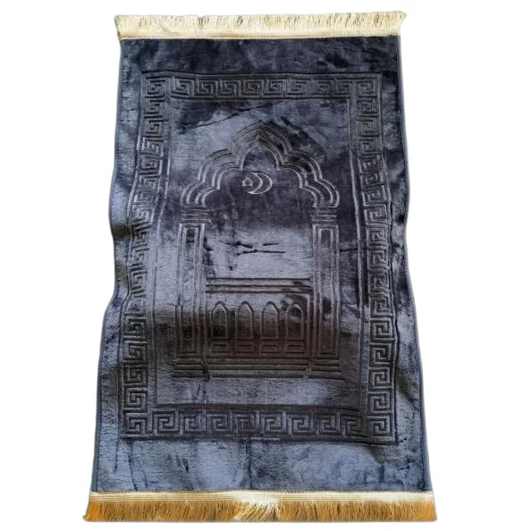 Grey plush Muslim prayer rug with embossed mihrab and Greek key border - Zainyunoor wholesale