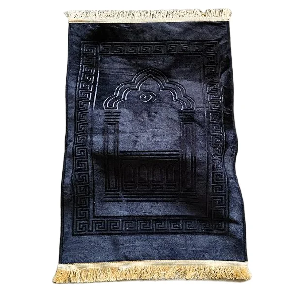 Navy blue plush Muslim prayer rug with embossed mihrab arch - Zainyunoor wholesale