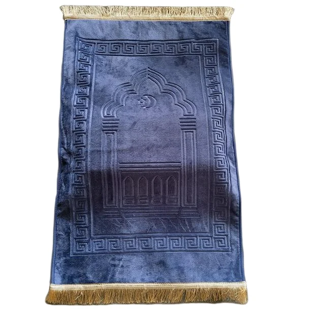 Blue thick velvet Muslim prayer rug with embossed mosque arch - Zainyunoor wholesale