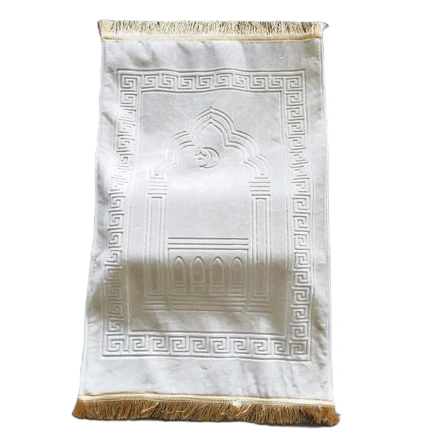 White ivory plush Muslim prayer rug with embossed mihrab pattern - Zainyunoor wholesale