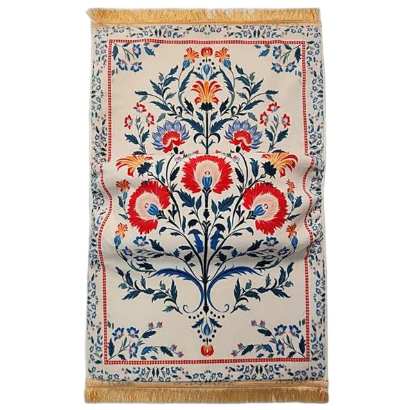 Cream floral Muslim prayer rug with red blue botanical print - Zainyunoor wholesale
