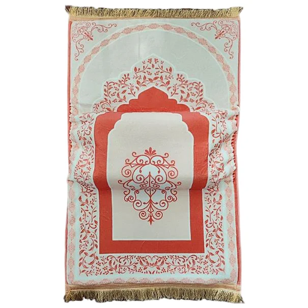Coral pink Muslim prayer rug with ornate arch and floral border - Zainyunoor wholesale