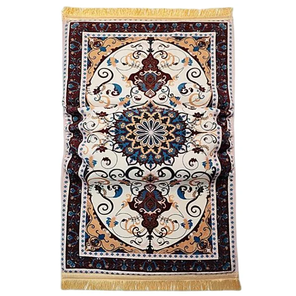Cream chenille Muslim prayer rug with ornate medallion floral motif - Zainyunoor wholesale