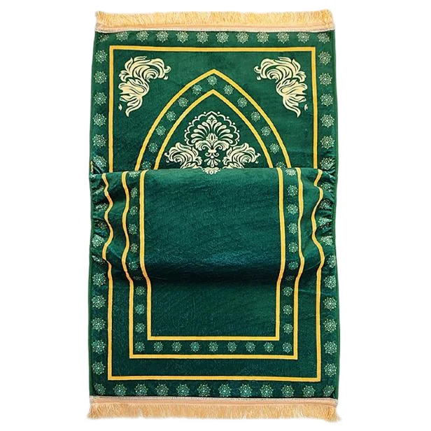 Emerald green velvet Muslim prayer rug with gold mihrab arch design - Zainyunoor wholesale