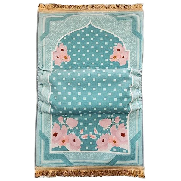 Mint blue plush Muslim prayer rug with pink floral mihrab print - Zainyunoor wholesale