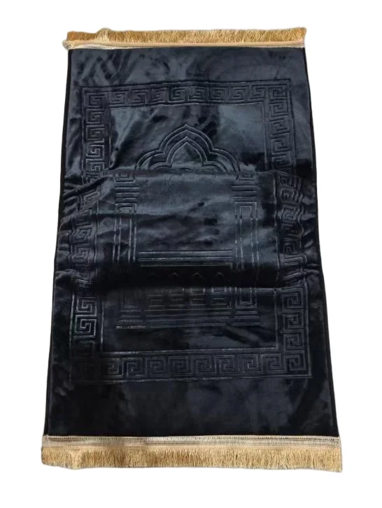 Black velvet Muslim prayer rug with embossed mihrab and gold fringe - Zainyunoor wholesale