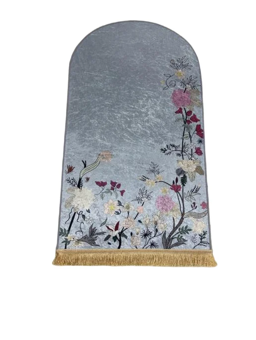 Soft grey velvet Muslim prayer rug with floral embroidery and arch top - Zainyunoor wholesale