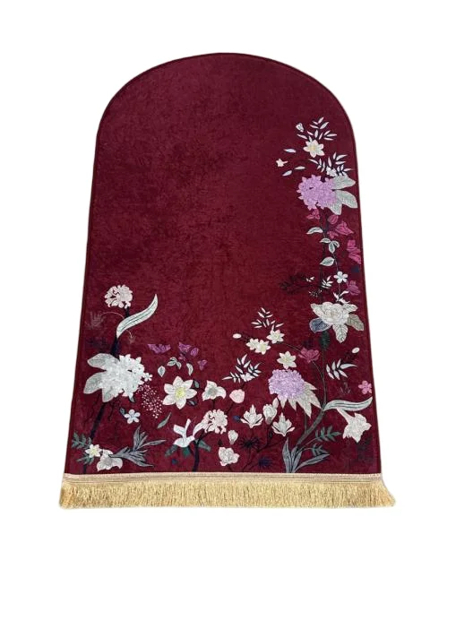 Burgundy red velvet Muslim prayer rug with elegant floral embroidery - Zainyunoor wholesale
