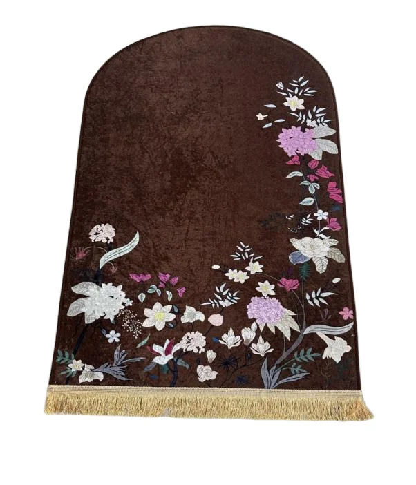 Chocolate brown velvet Muslim prayer rug with pastel floral embroidery - Zainyunoor wholesale