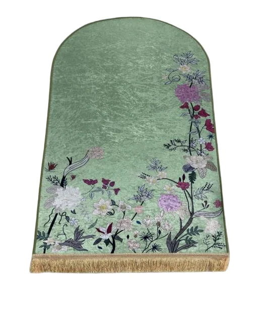 Green velvet Muslim prayer rug with floral embroidery and gold fringe - Zainyunoor wholesale