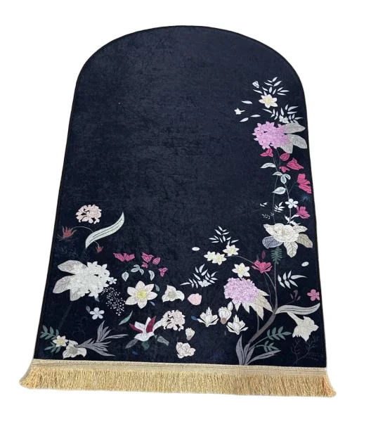Black velvet Muslim prayer rug with pink floral design and gold tassels - Zainyunoor wholesale