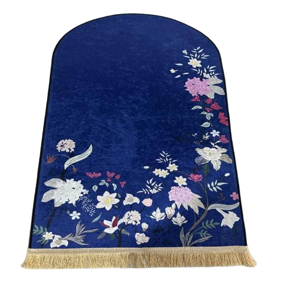 Royal blue velvet Muslim prayer rug with floral embroidery and gold fringe - Zainyunoor wholesale
