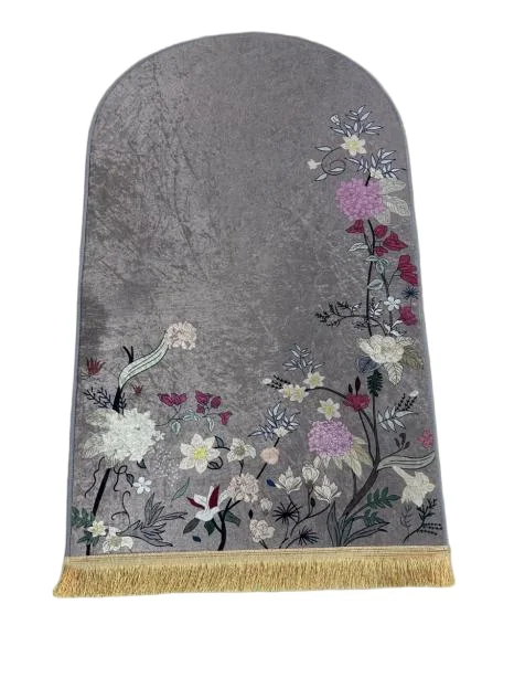 Grey velvet Muslim prayer rug with elegant floral motifs and gold fringe - Zainyunoor wholesale