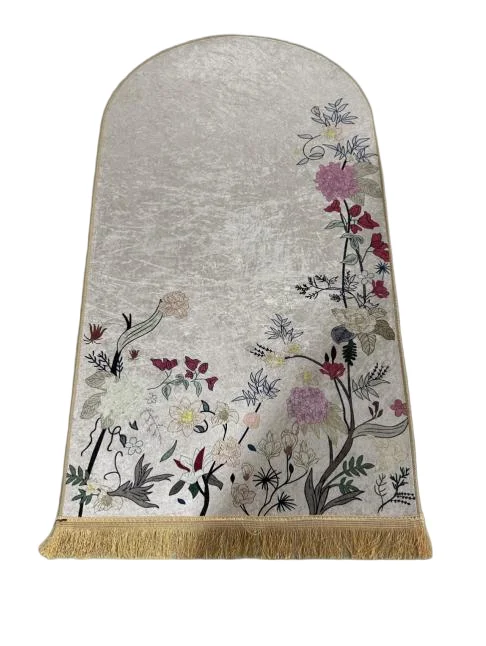 Ivory velvet Muslim prayer rug with botanical floral print and gold fringe - Zainyunoor wholesale