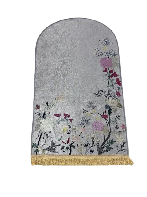 Silver grey velvet Muslim prayer rug with floral embroidery and gold tassels - Zainyunoor wholesale